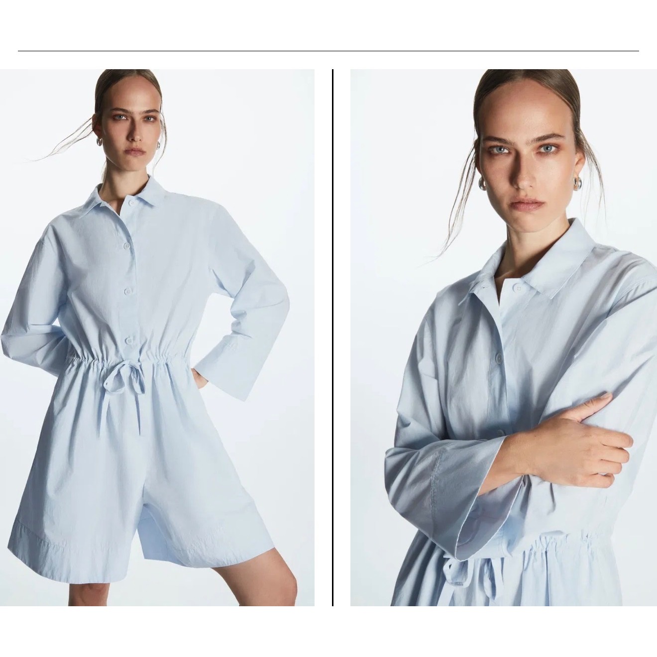Cos Long Sleeved Poplin Playsuit Light Blue Drawstring Waist Small